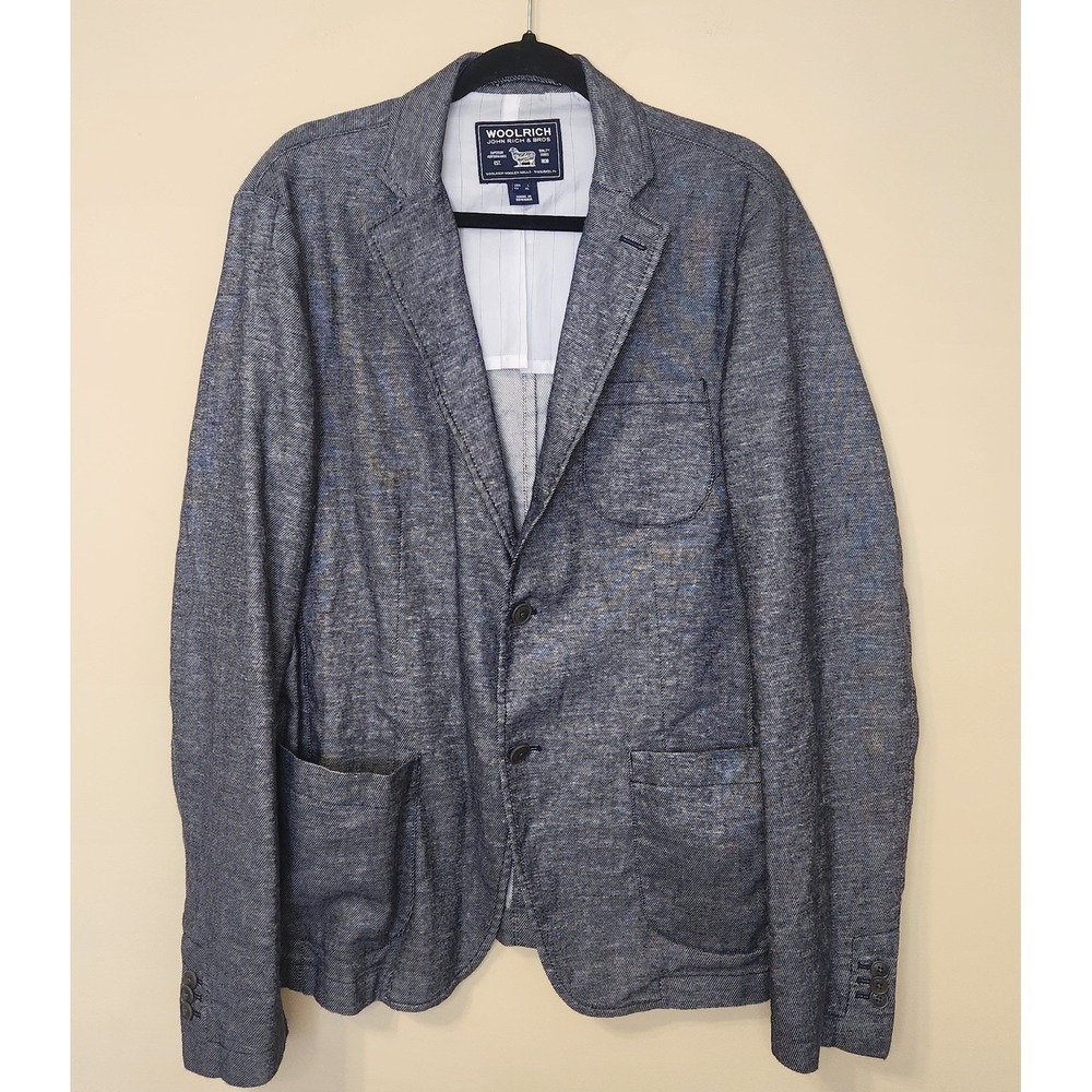 Woolrich‎ Linen Cotton Blend Mens Lightweight Jacket Herringbone Navy Large